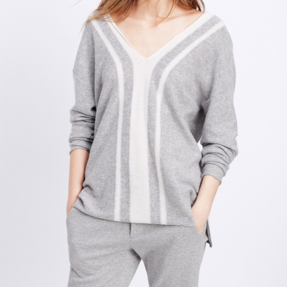 Vince Gray and Cream V-Neck Sweater